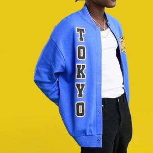 ASOS DESIGN oversized jersey bomber jacket with Tokyo prints - (M)